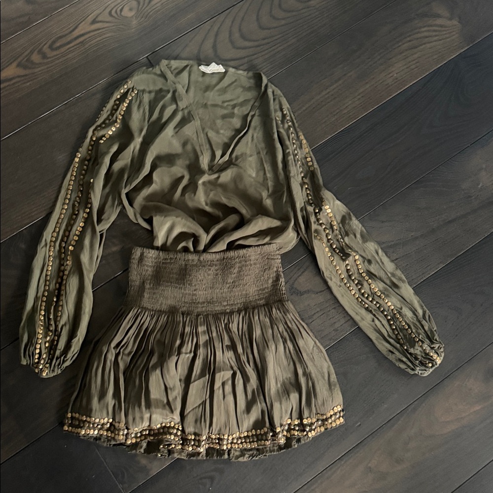 Olive Green Beaded Women's Top and skirt set